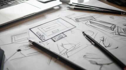Creative workspace showcasing architectural sketches with pens and laptop