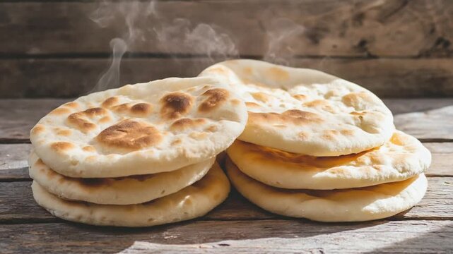 freshly baked pita bread with steam rising