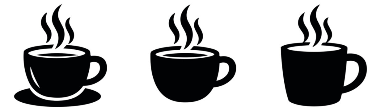 Simple coffee cup icon set featuring various steaming hot beverages for cafe and restaurant branding