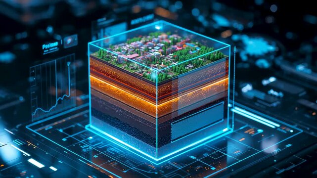Holographic Cube Layered Earth Terrain Soil Rock Mantle Core Blue Glow