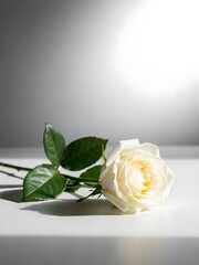 Beautiful white rose with green leaves on a plain surface indoors