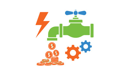 A colorful illustration of a faucet with money and gears coming out