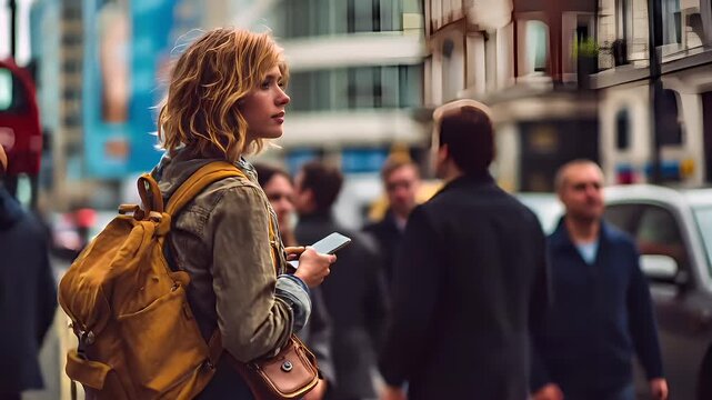 blurred urban scene with red doubledecker bus and woman walking on streetwoman with wavy blonde hair and backpack on city street.