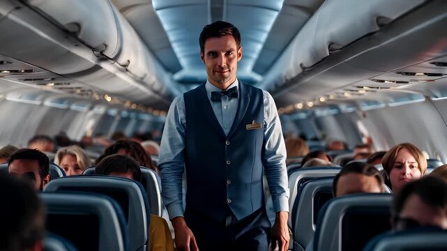 A closeup shot of a flight attendant in the aisle of an airplane. The interior of the plane is filled with passengers, and the overhead compartments are illuminated by overhead lights.