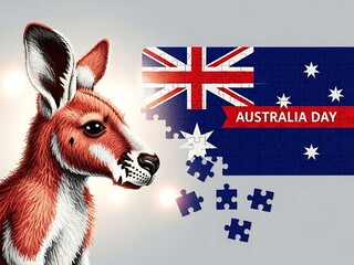 Kangaroo with australia day flag and puzzle pieces on grey background