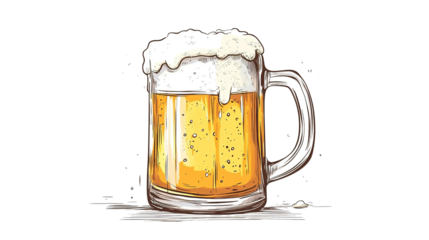 Golden Brew in a Glass: An artistic, refreshing mug of cold, golden brew, with a foamy top and a sturdy handle, embodies the essence of refreshment and relaxation.