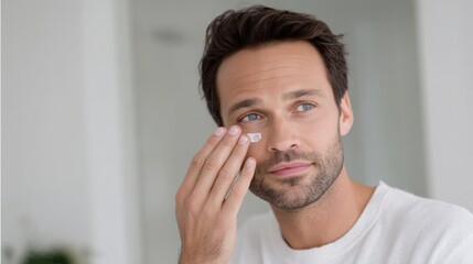 Obraz premium Close-up portrait of a young man applying a cream to his face. he is holding the cream in his right hand and applying it to his left eye with his left hand.