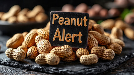 "Peanut Alert" text in a restaurant menu, severe allergy concept