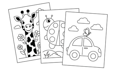 Colorful illustrations of a giraffe, ladybug, and red car for kids to paint