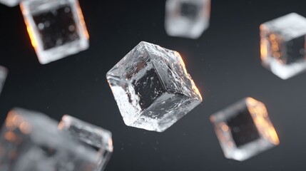 Floating ice cubes with refracted light on a dark backdrop