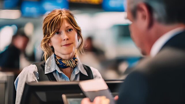 A woman in a striped shirt and vest is working on a computer. She has a focused expression and is wearing a patterned scarf around her neck.