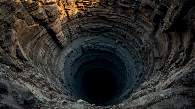 Ancient Stone Well Deep Circular Shaft Sunset Light Rock Layers Mystery