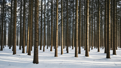 Serene winter forest landscape with tall trees and snow covered ground