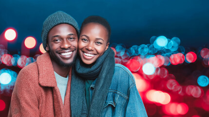 Happy African American couple embracing in the city lights at night