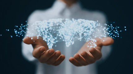 Business Hands Holding Digital World Map Plexus Network Connection
