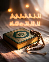 Sacred islamic scripture book with traditional wooden rosary on prayer mat with warm glowing light shapes