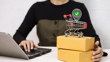 Online Shopping Order Confirmation with Shopping Cart on Package Box