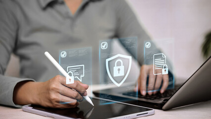 Business woman Protecting Corporate Data and Secure Communications with Digital Shield Encryption