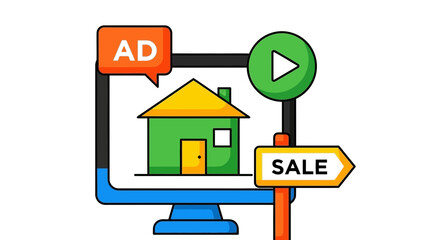 A colorful cartoon house on a computer screen with an ad and sale sign
