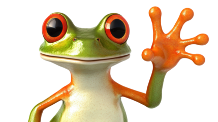 Whimsical Frog: A charming frog with vibrant colors waves hello, exuding a playful vibe, ideal for projects seeking a friendly, approachable aesthetic. 