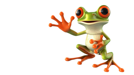 Curious Frog in a Welcoming Pose: A vibrant green frog with large, expressive eyes and orange accents extends a friendly greeting, poised against a clean backdrop. 