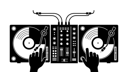 A pair of hands operating a DJ mixer with two turntables