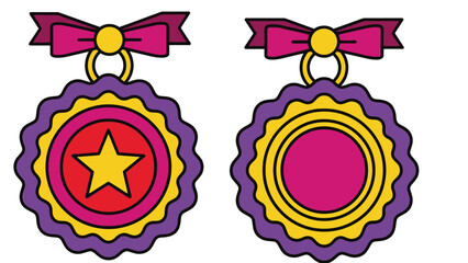 A colorful illustration of two rosette medals with ribbons and stars