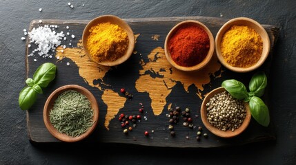 World map on chalkboard with colorful spices and herbs display.