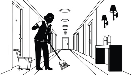 A cartoon janitor cleaning a hotel hallway with a broom and cart