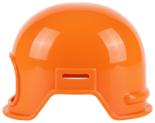 Bright orange plastic toy safety helmet hard hat for construction isolated on a transparent background