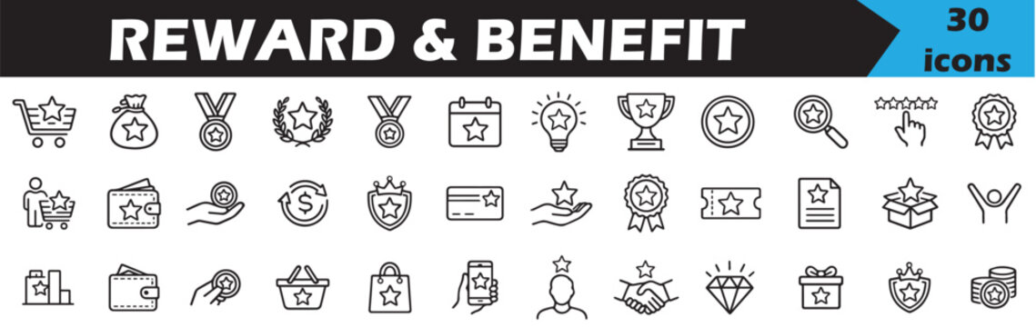 reward benefit icons, achievement symbol,  trophy and medal icons, gift and crown, business motivation, gamification dashboard icons,  black white incentive set, success icon collection, bonus icon