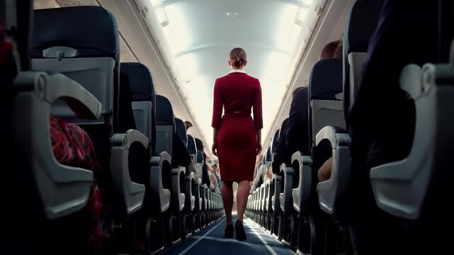 Airlines cabin crew member in red dress on airplane aisle.