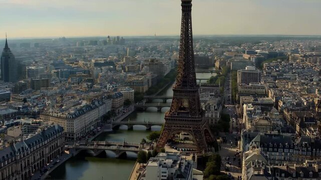 View of Paris from above showing the Eiffel Tower, the Seine River, and the cityscape during sunset