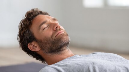 Close-up of a man's face and upper body. he appears to be in a relaxed and meditative state, with his eyes closed and his head resting on his hands.