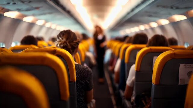 A woman with a neatly styled updo sits in a plane, her back to the camera. She wears a black and white dotted dress with a yellow collar.