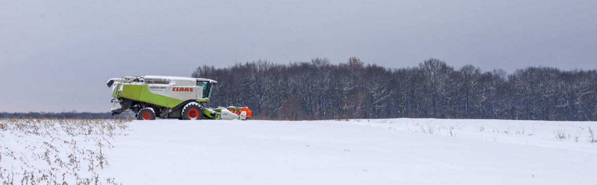 Lviv, Ukraine - January 07, 2026: A modern Claas Lexion combine harvester harvests soybeans in a snow-covered field during the late winter harvest season.