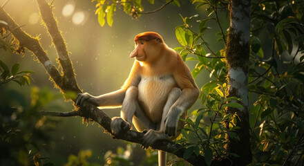 Proboscis monkey sitting on a tree branch in the tropical rainforest with soft sunlight