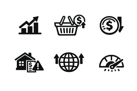 Global inflation icon set with rising prices, cost of living and economic pressure symbols. Black flat vector icons with transparent background for news graphics and reports.