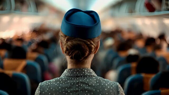 Airlines cabin crew member in flight attendants hat and uniform in airplane cabin.