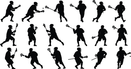 Collection of Lacrosse Player Silhouettes Including Athletes Running, Passing, and Shooting with Sticks for Sports Graphic Design, Team Competition, and Training © MSTNASRIN