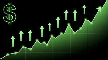 Increasing financial growth and profit chart with green arrows and dollar sign