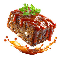 Meatloaf Slice with Splashing Red Sauce on Black Background Closeup