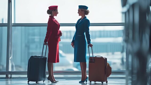 flight attendant in blue uniform with suitcase in airport terminalflight attendant uniform with red hat and suitcase in front of large window overlooking cityscape.