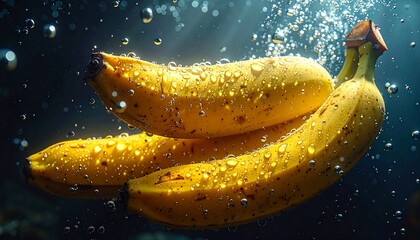 Macro shot of yellow banana skins underwater. Tiny oxygen bubbles clinging to the surface and trailing behind in a dark abyss. Refracted light, hyper-detailed textures, crisp droplets.