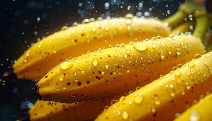 Macro shot of yellow banana skins underwater. Tiny oxygen bubbles clinging to the surface and trailing behind in a dark abyss. Refracted light, hyper-detailed textures, crisp droplets.