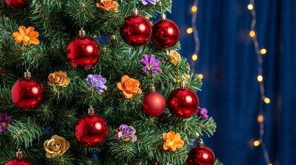 Decorative Christmas Tree Adorned With Red Ornaments and Colorful Flowers Set Against Blue Background