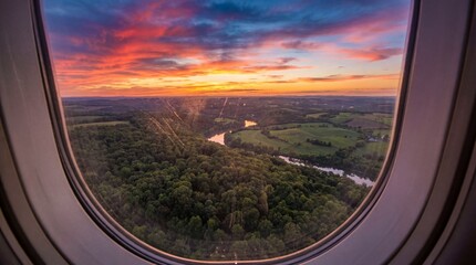 Stunning Sunset Over Green Fields and Meandering River as Seen from Airplane Window