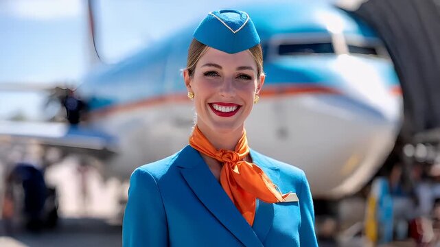 Airlines flight attendant in blue uniform with orange scarf and matching hat standing in front of airplaneAirliners stewardess in blue suit and orange scarf with airplane in background.