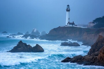 Lighthouse on rocky coast in cloudy weather
