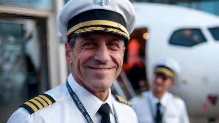 A closeup of a man in a captains uniform, smiling at the camera. He is wearing a navy blue cap with gold detailing, and a white uniform with gold stripes.